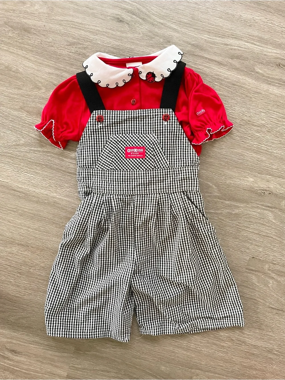 Rare Vintage Oshkosh B’gosh Ladybug Gingham Overall Set